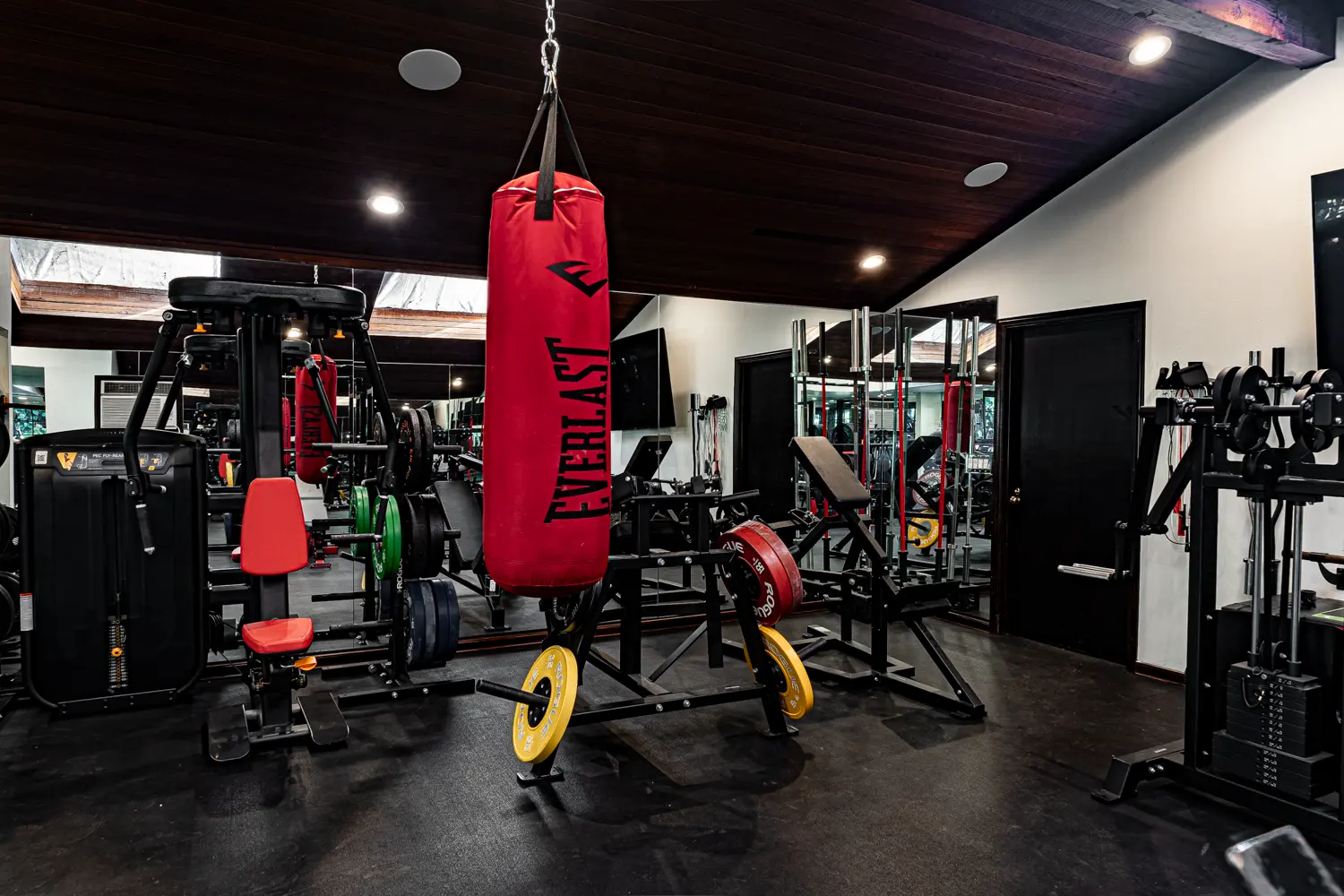 Selectorized machines and bumper plates under recessed lighting