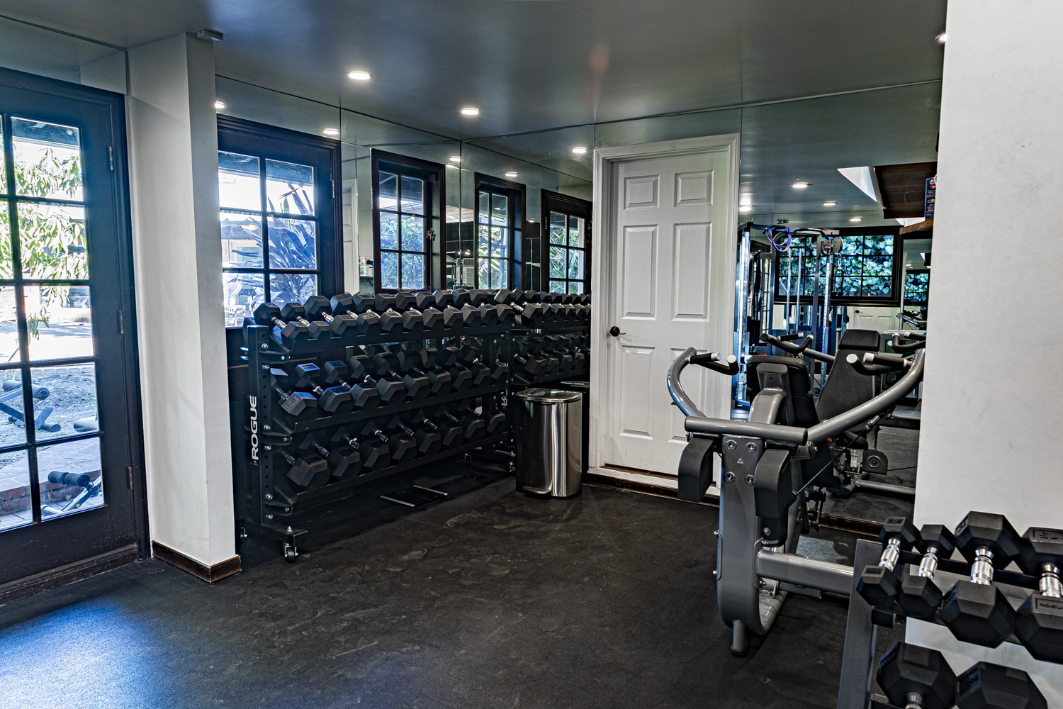 Long Rogue dumbbell rack and machines in a bright mirrored room with French doors to a garden