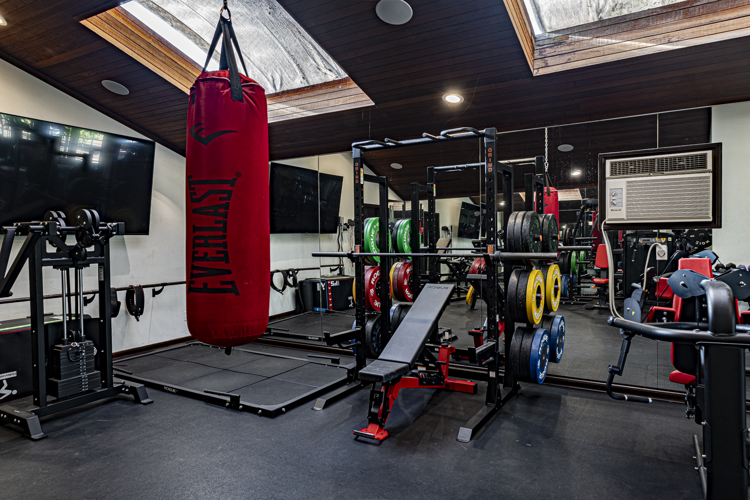 Home gym with a red Everlast heavy bag, power rack loaded with color-coded Rogue plates, adjustable bench, and mirrored wall under skylights