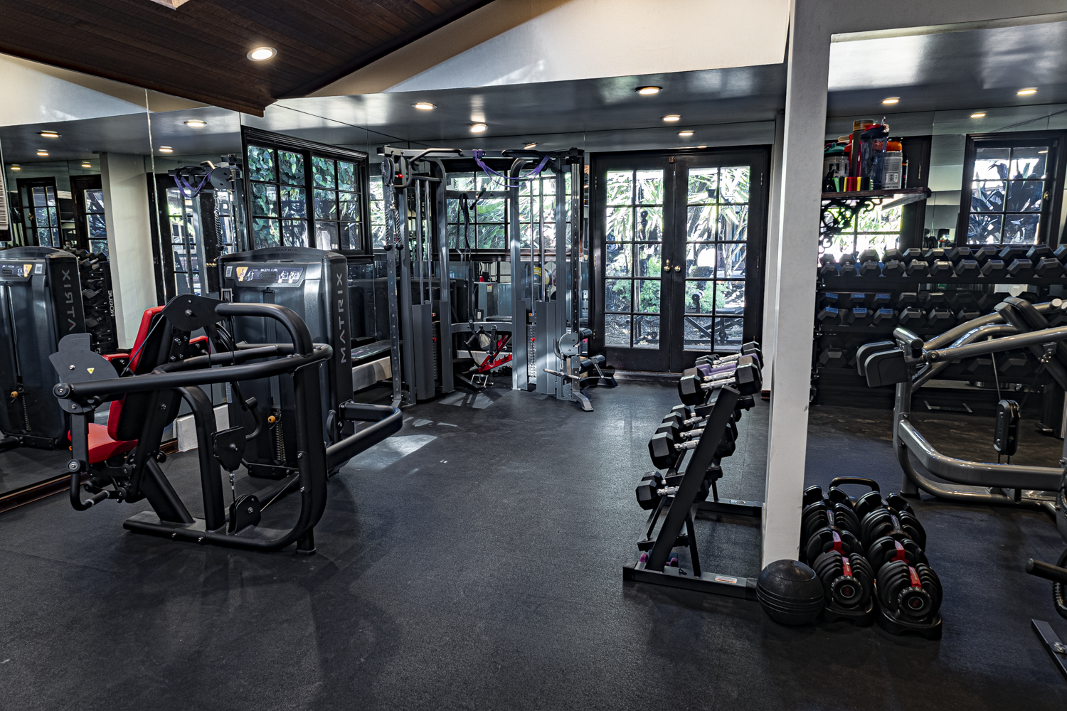 Luxury home gym with Matrix strength machines, a cable station, and a dumbbell rack on black rubber flooring with garden-view French doors